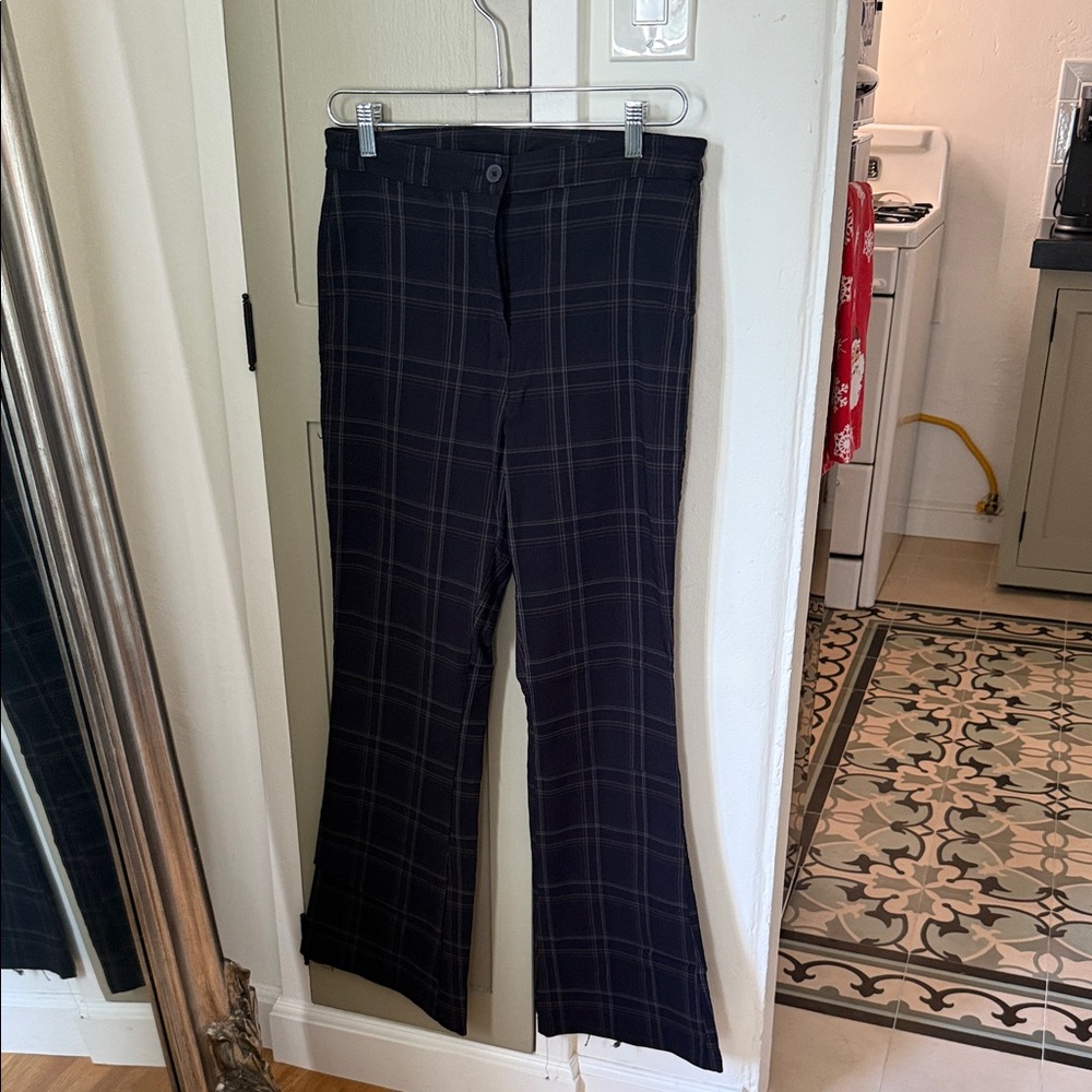 Navy Plaid Flared Pants
